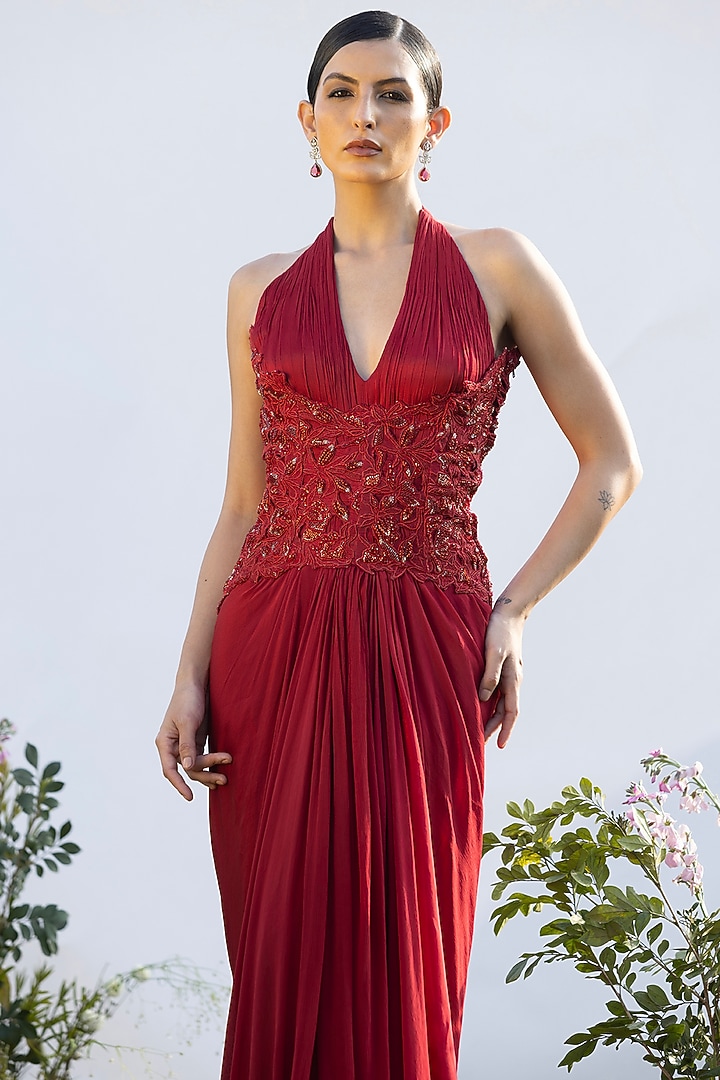 Scarlet Red Chinon Halter Engagement Gown by AMRTA By Guneet Kondal at Pernia's Pop Up Shop