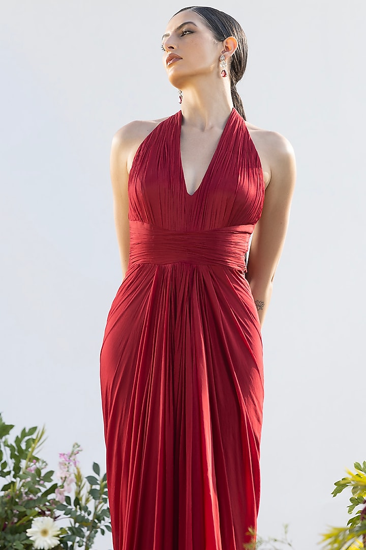 Scarlet Red Chinon Halter Engagement Gown by AMRTA By Guneet Kondal at Pernia's Pop Up Shop