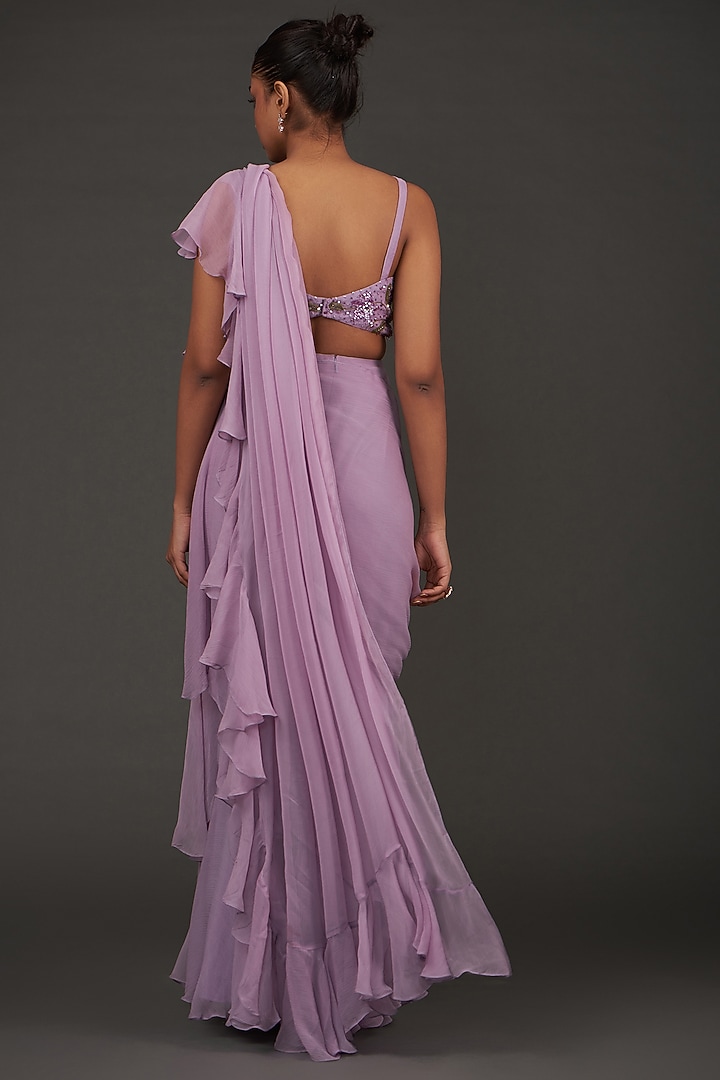 Purple Chiffon Pre-Draped Party Wear Saree Set by AMRTA By Guneet Kondal at Pernia's Pop Up Shop