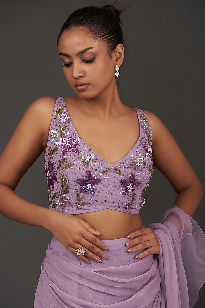 Purple Chiffon Pre-Draped Party Wear Saree Set by AMRTA By Guneet Kondal at Pernia's Pop Up Shop