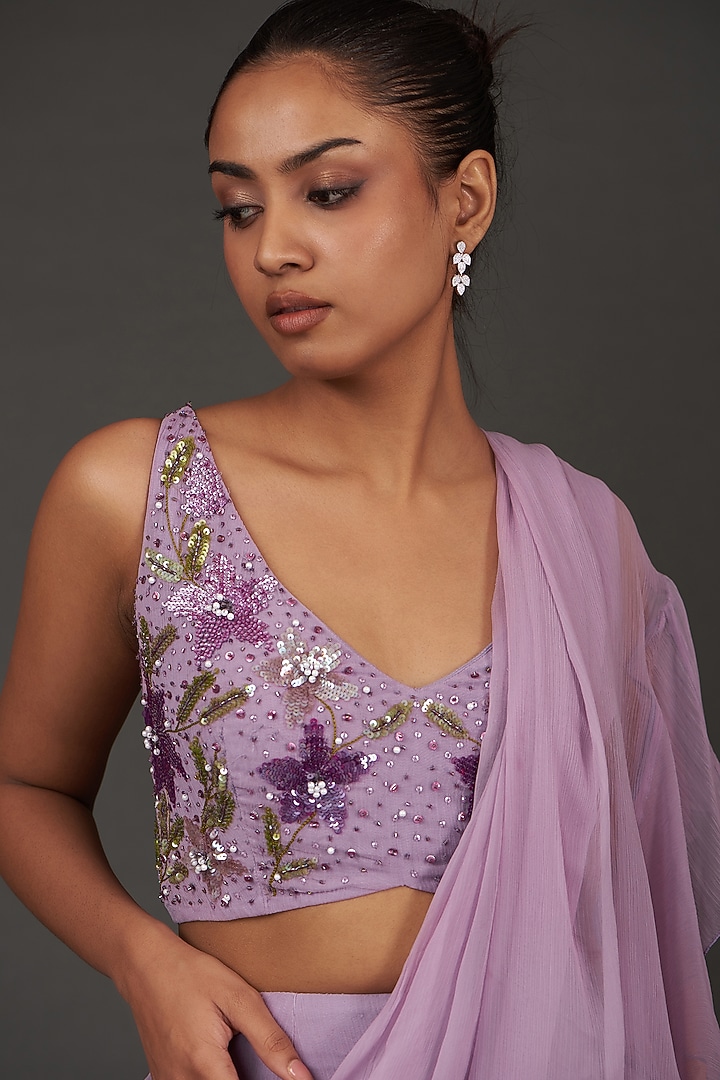Purple Chiffon Pre-Draped Party Wear Saree Set by AMRTA By Guneet Kondal at Pernia's Pop Up Shop