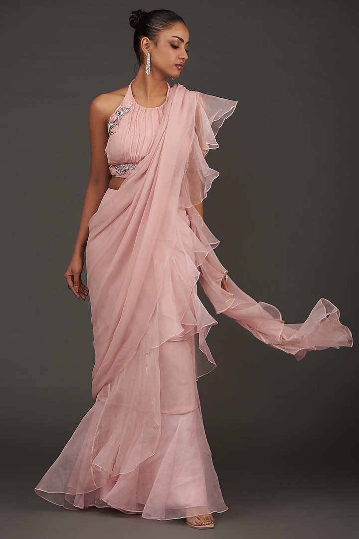 Pink Chiffon & Organza Pre-Stitched Wedding Saree Set by AMRTA By Guneet Kondal at Pernia's Pop Up Shop