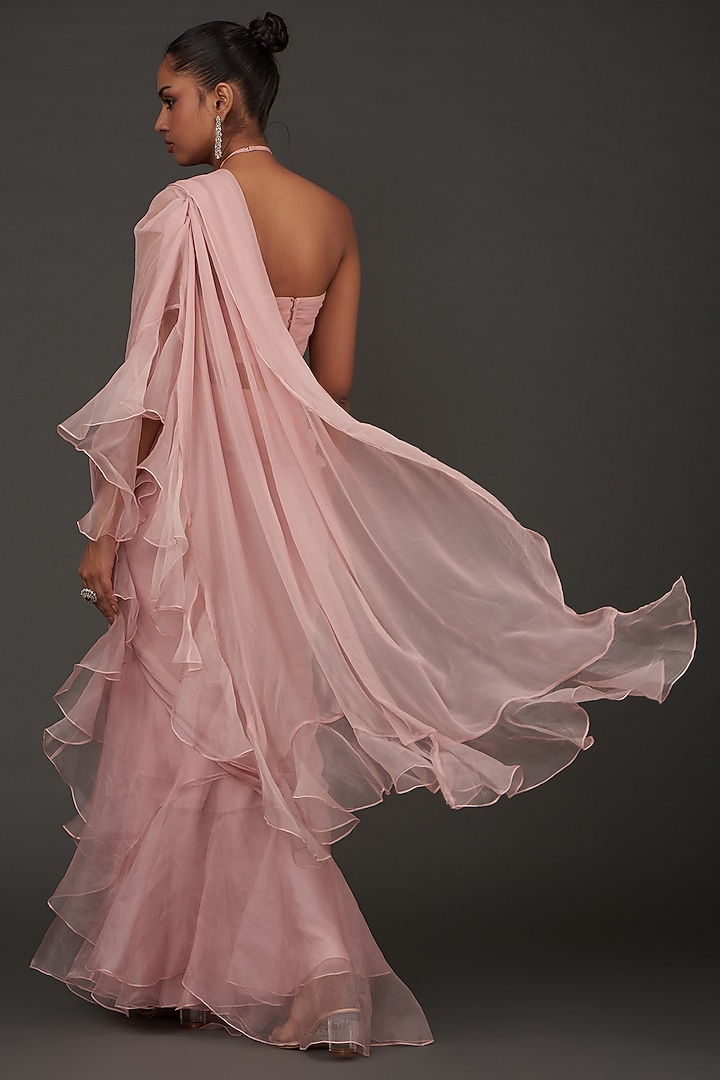 Pink Chiffon & Organza Pre-Stitched Wedding Saree Set by AMRTA By Guneet Kondal at Pernia's Pop Up Shop