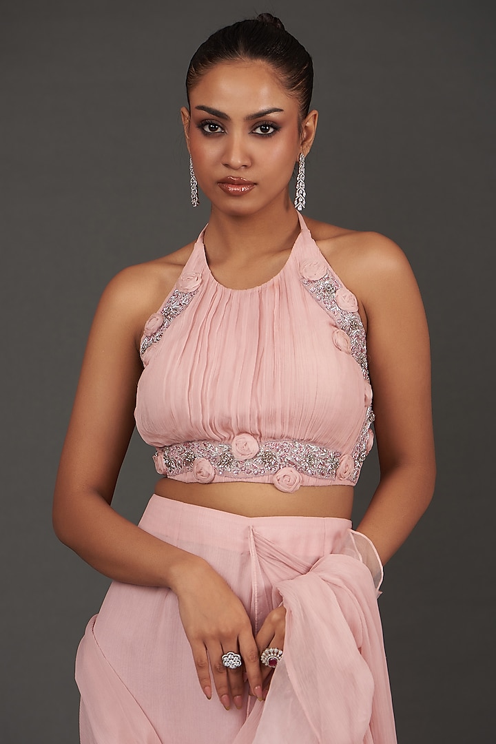 Pink Chiffon & Organza Pre-Stitched Wedding Saree Set by AMRTA By Guneet Kondal at Pernia's Pop Up Shop