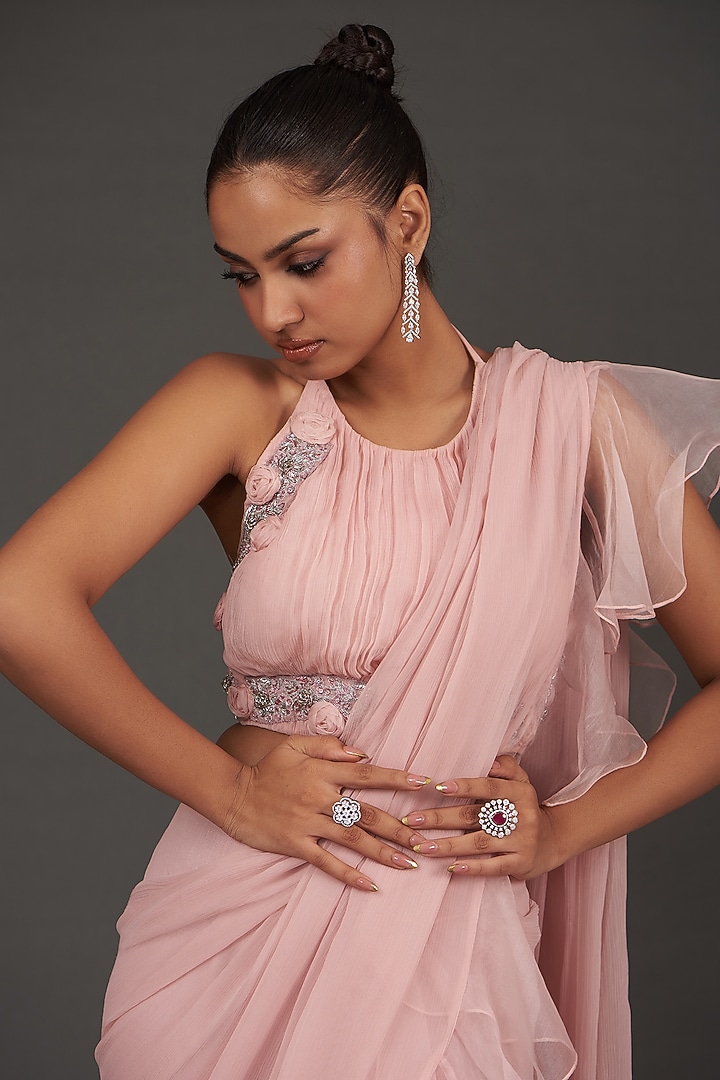 Pink Chiffon & Organza Pre-Stitched Wedding Saree Set by AMRTA By Guneet Kondal at Pernia's Pop Up Shop