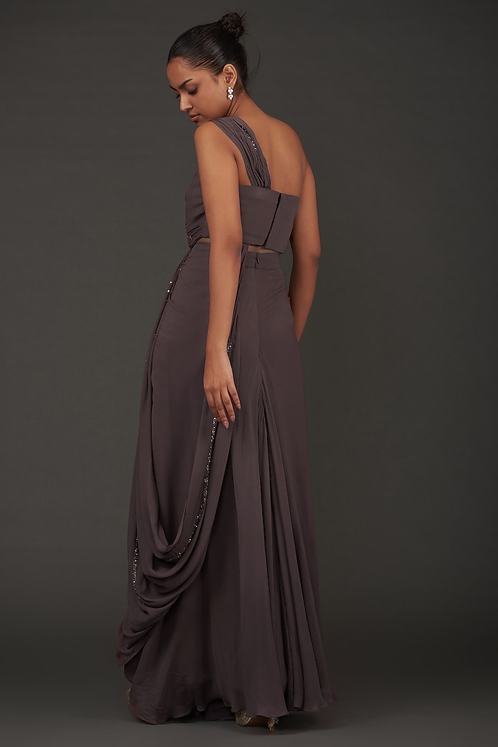 Brown Georgette Ruched Skirt Set by AMRTA By Guneet Kondal at Pernia's Pop Up Shop