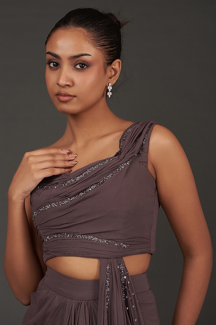 Brown Georgette Ruched Skirt Set by AMRTA By Guneet Kondal at Pernia's Pop Up Shop