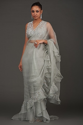 Grey Chiffon & Organza Hand Embroidered Pre-Draped Saree Set by AMRTA By Guneet Kondal