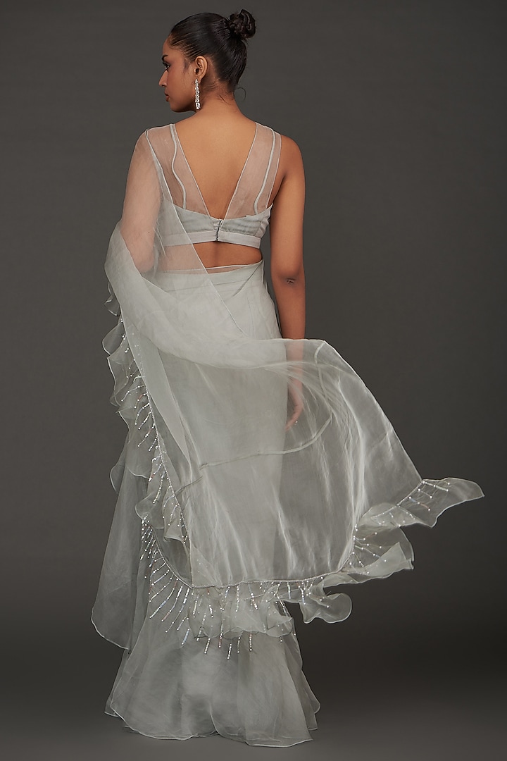Grey Chiffon & Organza Hand Embroidered Pre-Draped Wedding Saree Set by AMRTA By Guneet Kondal at Pernia's Pop Up Shop