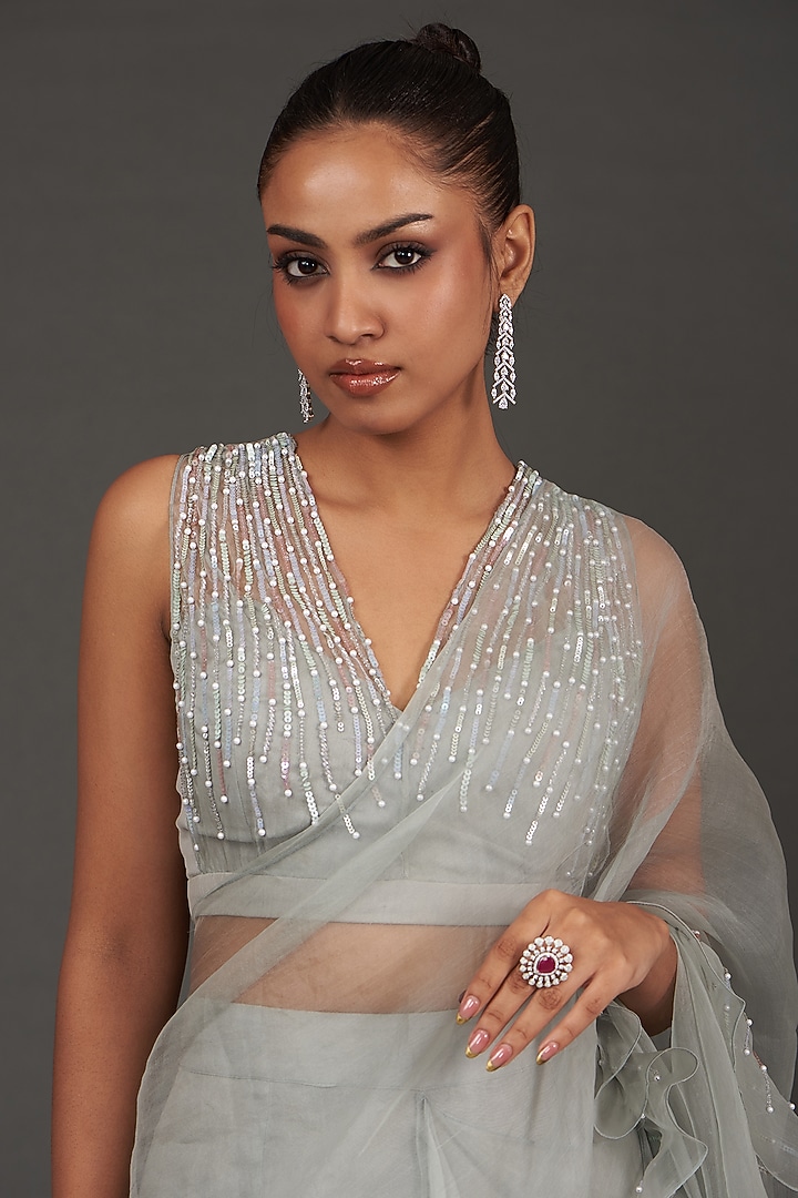Grey Chiffon & Organza Hand Embroidered Pre-Draped Wedding Saree Set by AMRTA By Guneet Kondal at Pernia's Pop Up Shop