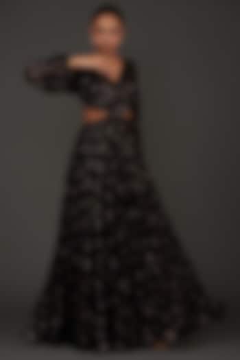 Black Viscose Georgette Floral Printed Cut-Out Maxi Dress by AMRTA By Guneet Kondal