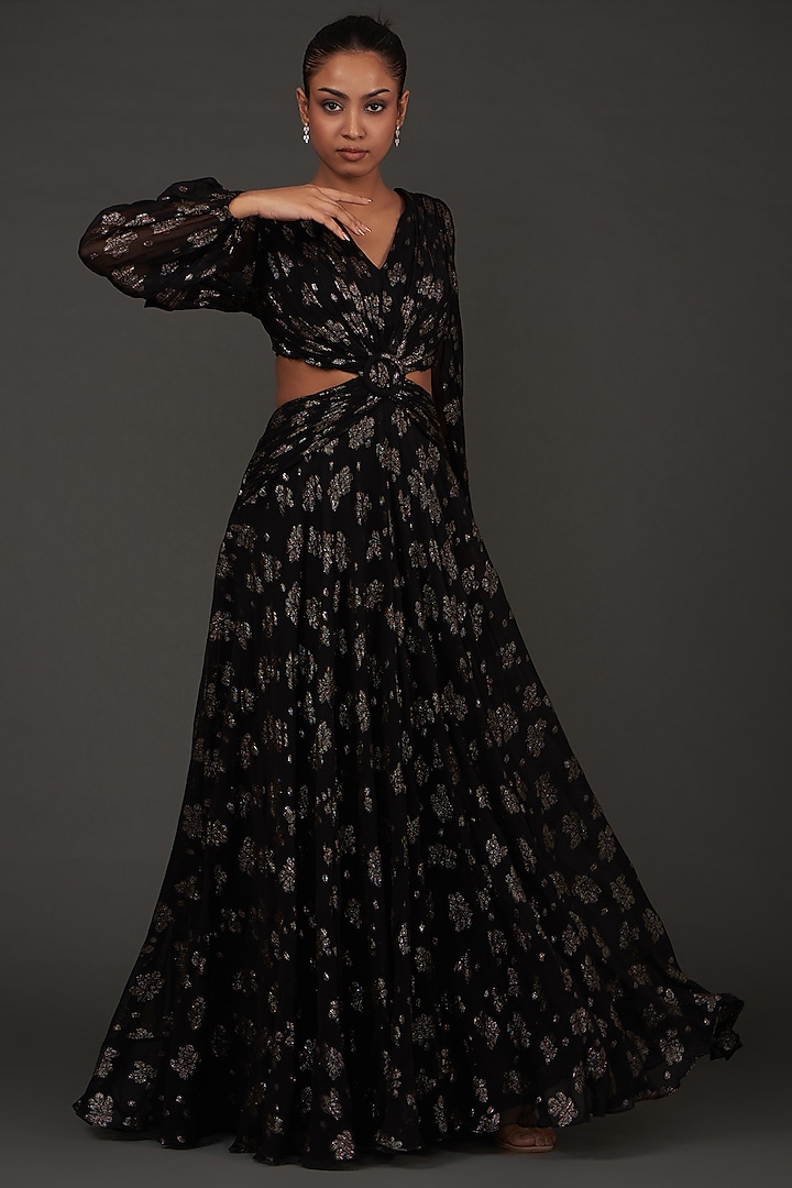 Black Viscose Georgette Floral Printed Cut-Out Maxi Dress by AMRTA By Guneet Kondal