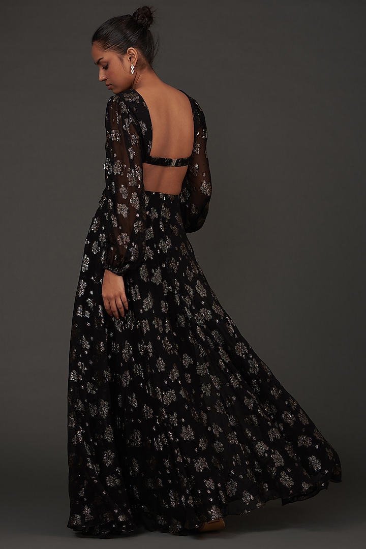 Black Viscose Georgette Floral Printed Cut-Out Maxi Vacation Dress by AMRTA By Guneet Kondal at Pernia's Pop Up Shop