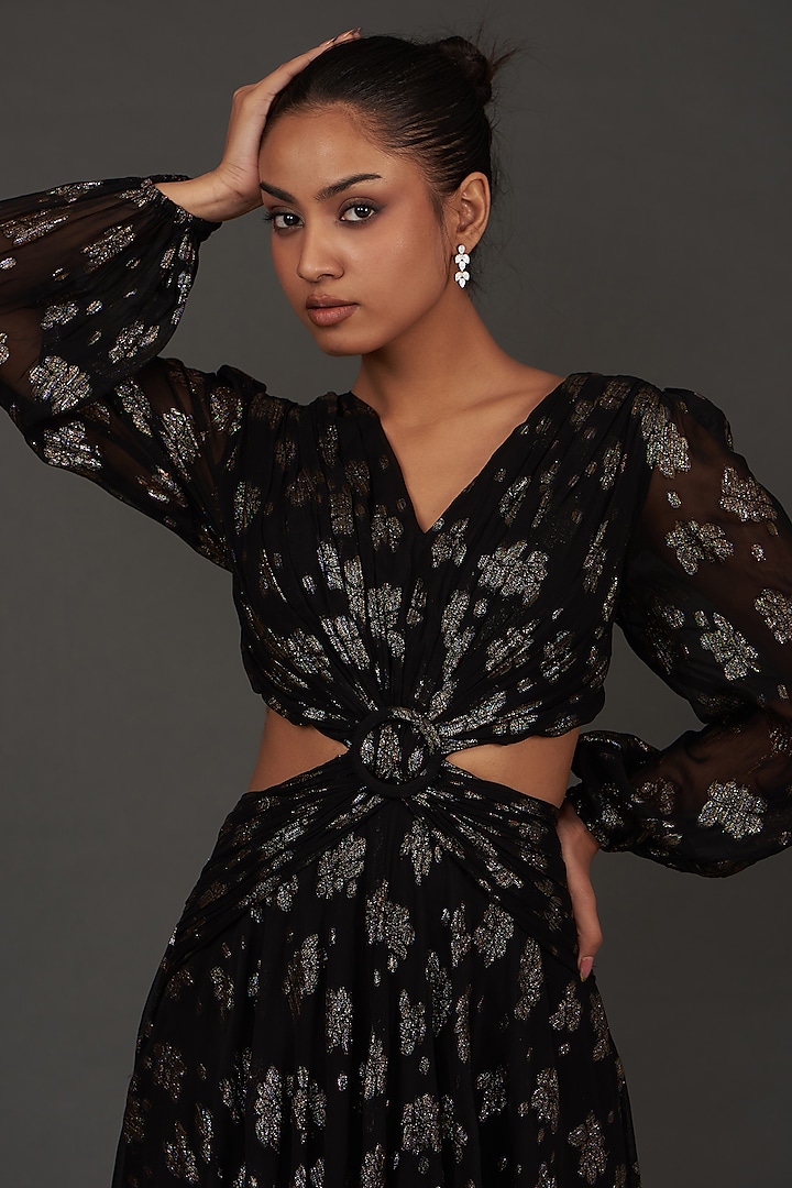 Black Viscose Georgette Floral Printed Cut-Out Maxi Vacation Dress by AMRTA By Guneet Kondal at Pernia's Pop Up Shop