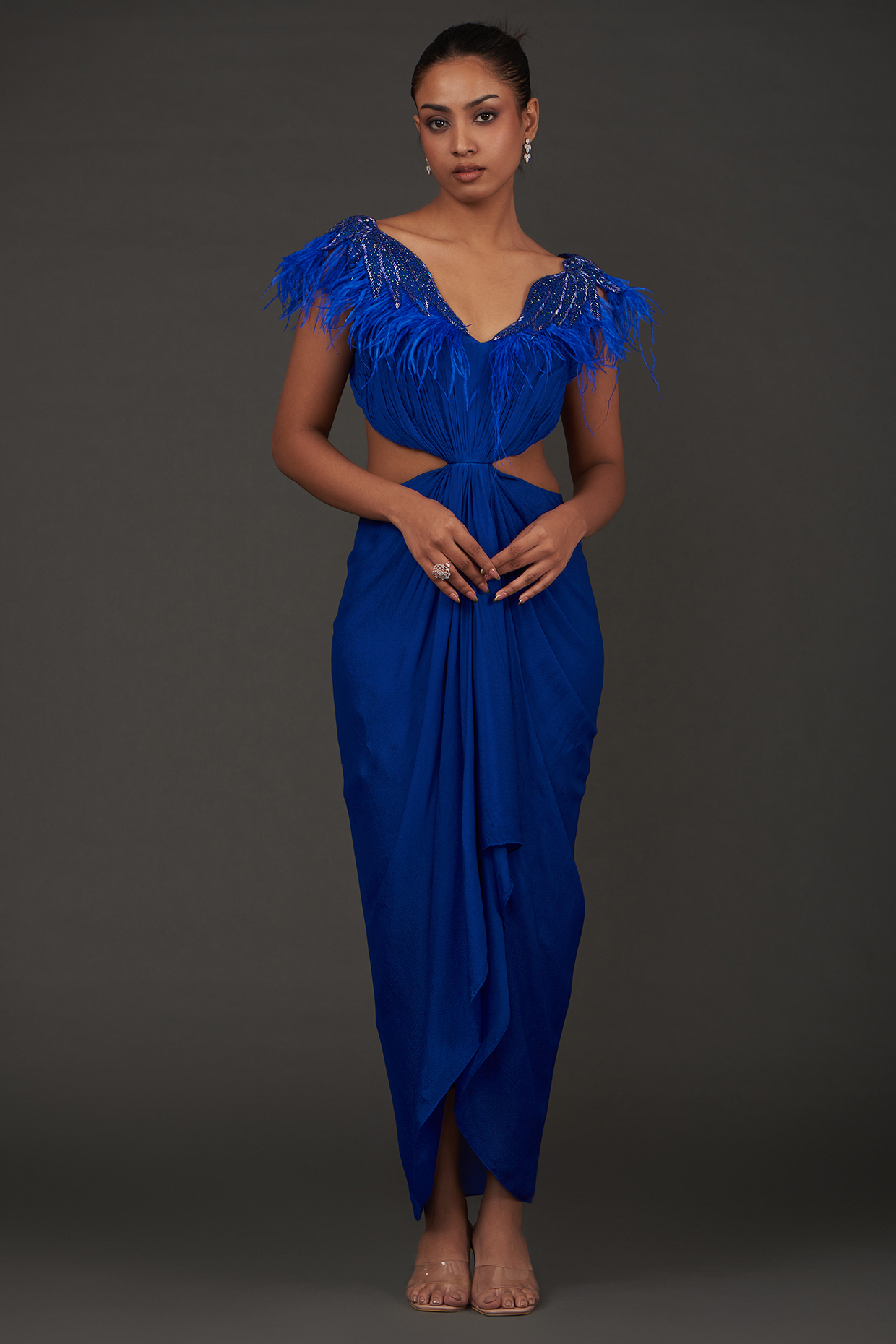 Blue Viscose Chinon Bead Hand Embroidered Draped Cut-Out Dress by AMRTA By Guneet Kondal