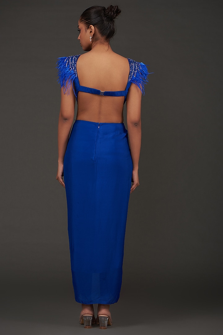 Blue Viscose Chinon Bead Hand Embroidered Draped Cut-Out Vacation Dress by AMRTA By Guneet Kondal at Pernia's Pop Up Shop
