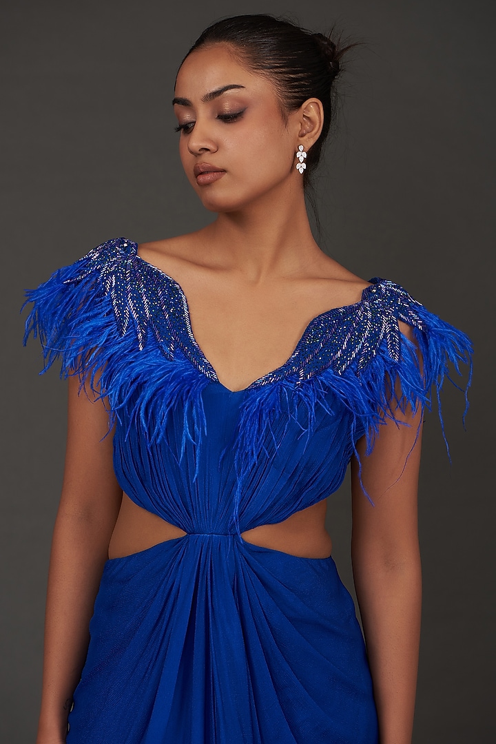 Blue Viscose Chinon Bead Hand Embroidered Draped Cut-Out Vacation Dress by AMRTA By Guneet Kondal at Pernia's Pop Up Shop