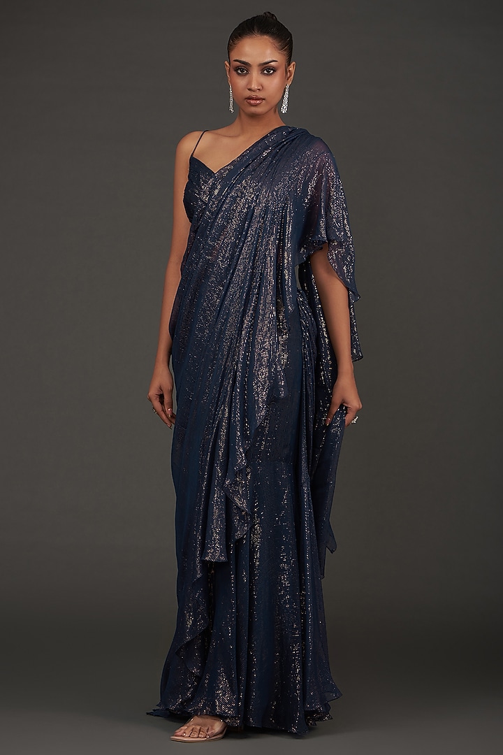 Blue Viscose Chiffon Metallic Yarn Pre-Draped Party Wear Saree Set by AMRTA By Guneet Kondal at Pernia's Pop Up Shop