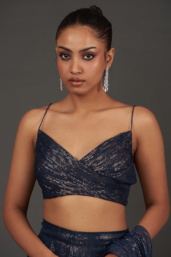 Blue Viscose Chiffon Metallic Yarn Pre-Draped Party Wear Saree Set by AMRTA By Guneet Kondal at Pernia's Pop Up Shop