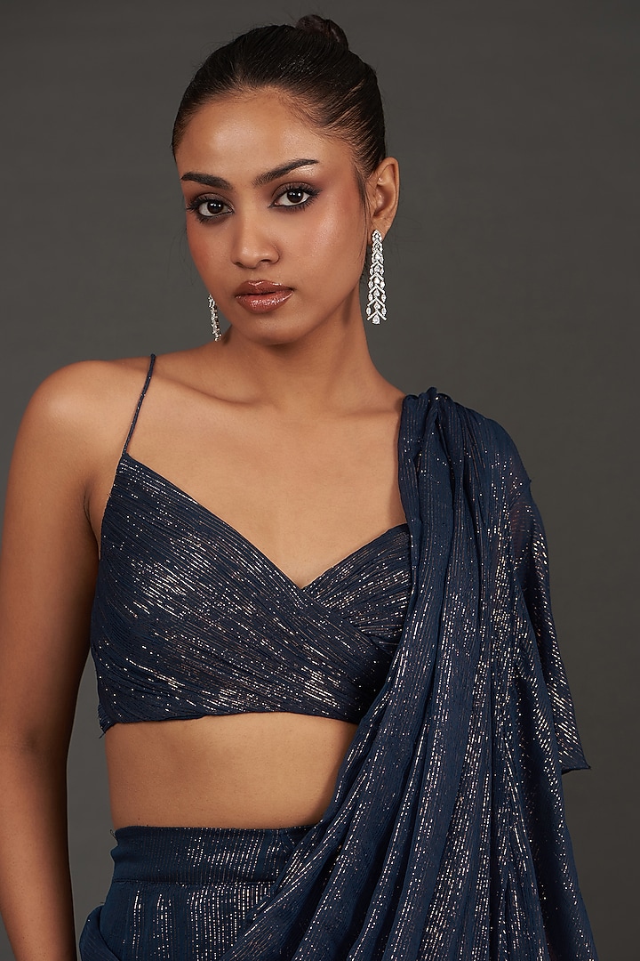 Blue Viscose Chiffon Metallic Yarn Pre-Draped Party Wear Saree Set by AMRTA By Guneet Kondal at Pernia's Pop Up Shop