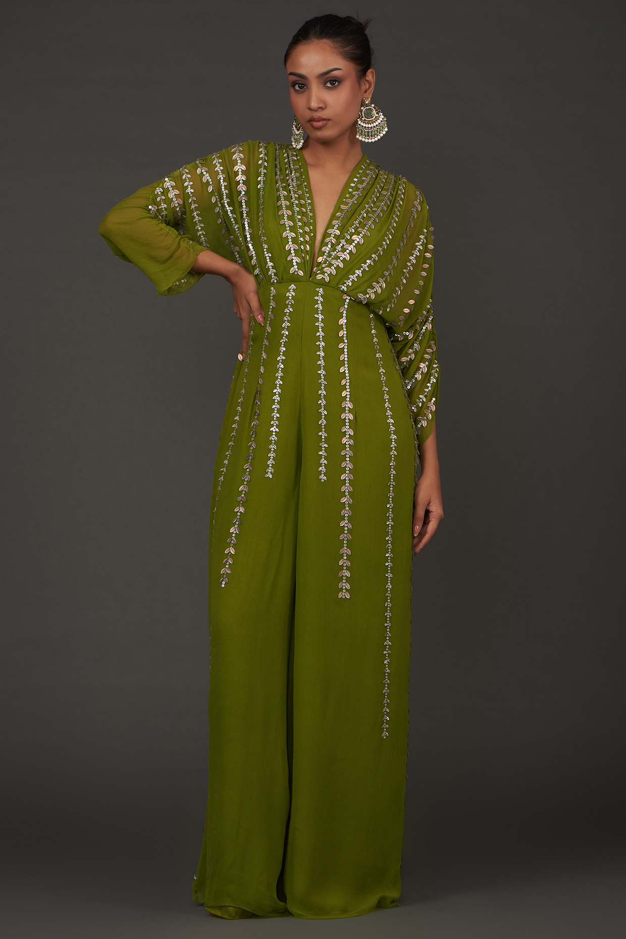 Green Viscose Georgette Embellished Jumpsuit by AMRTA By Guneet Kondal at Pernia's Pop Up Shop