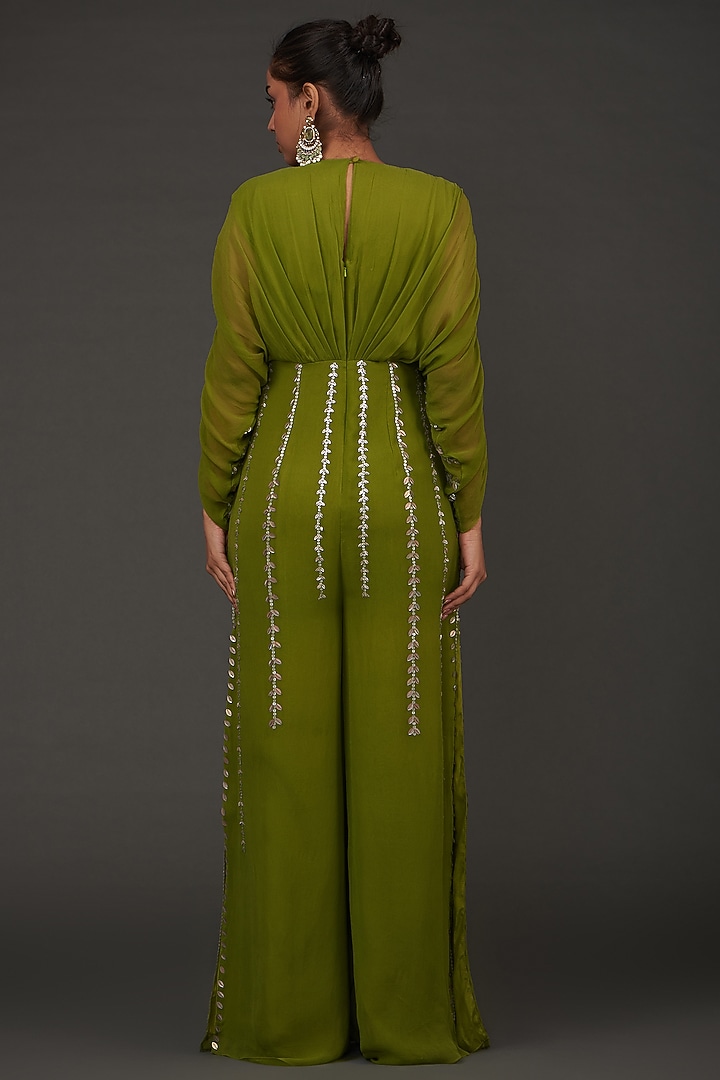 Green Viscose Georgette Embellished Jumpsuit by AMRTA By Guneet Kondal at Pernia's Pop Up Shop