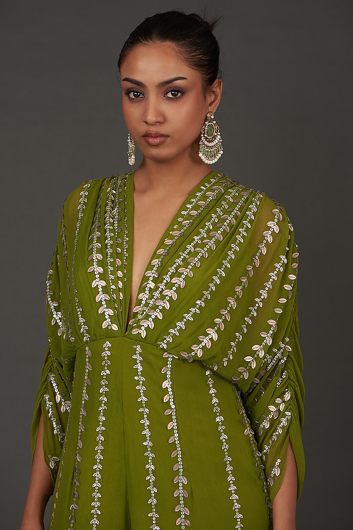 Green Viscose Georgette Embellished Jumpsuit by AMRTA By Guneet Kondal at Pernia's Pop Up Shop