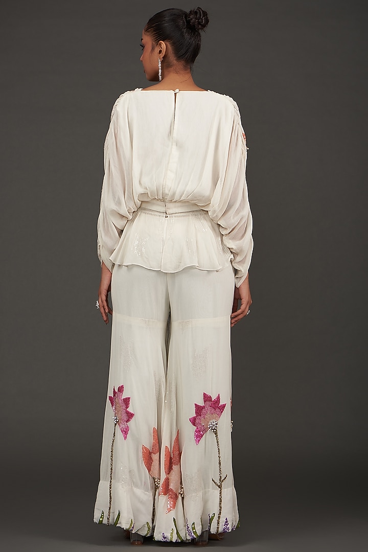 White Viscose Georgette Pearl Embroidered Wedding Sharara Set by AMRTA By Guneet Kondal at Pernia's Pop Up Shop