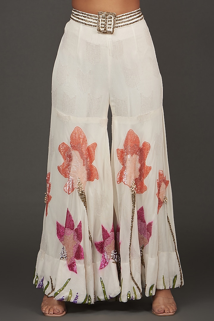 White Viscose Georgette Pearl Embroidered Wedding Sharara Set by AMRTA By Guneet Kondal at Pernia's Pop Up Shop