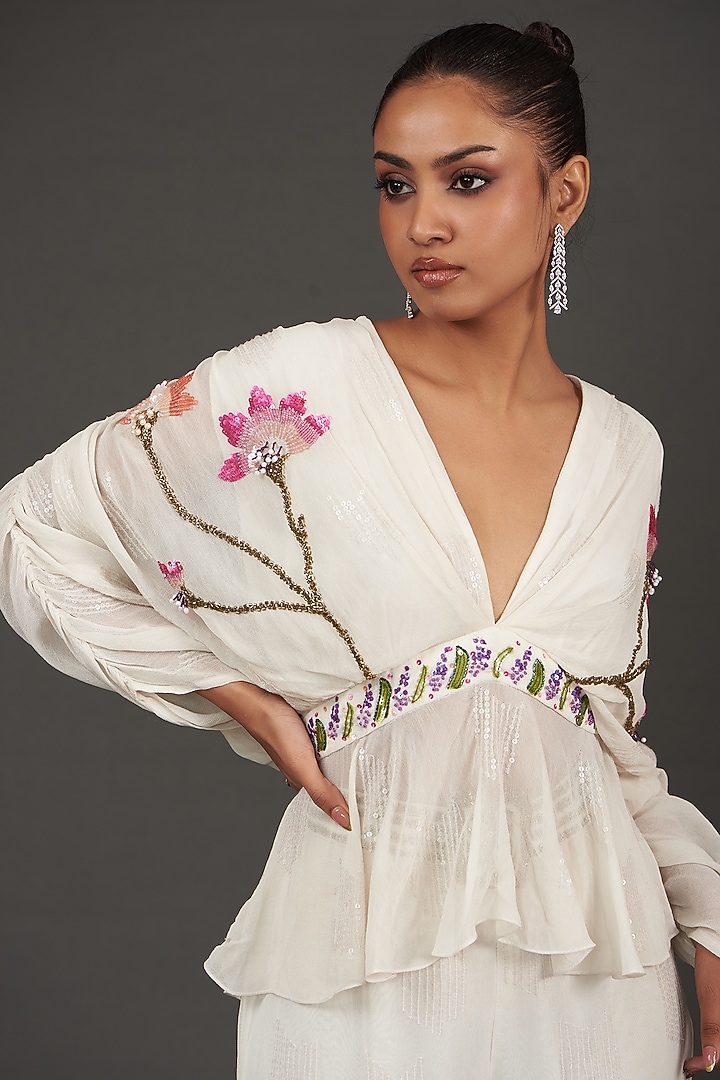 White Viscose Georgette Pearl Embroidered Wedding Sharara Set by AMRTA By Guneet Kondal at Pernia's Pop Up Shop