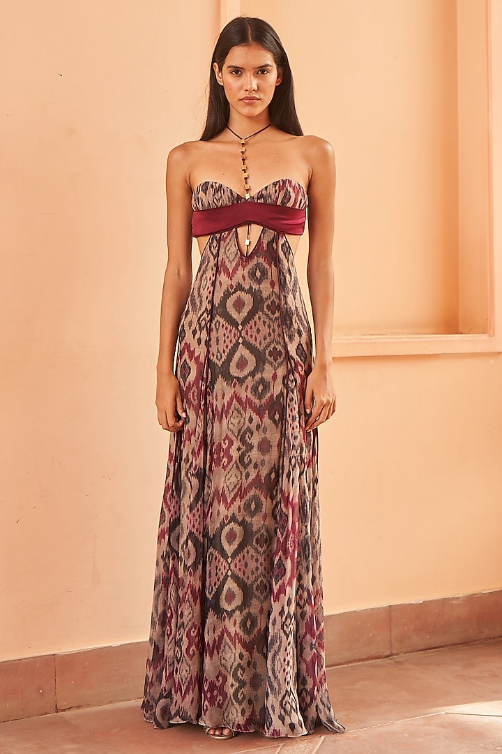 Berry Georgette Maxi Ikat Dress by AMRTA By Guneet Kondal at Pernia's Pop Up Shop