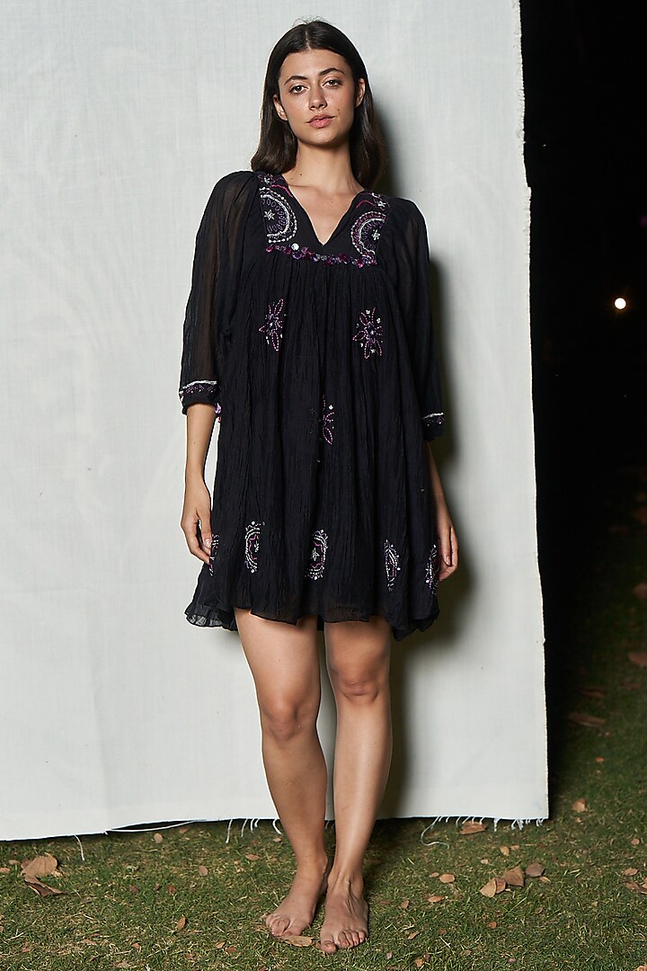 Black Cotton Silk Blend Chanderi Embroidered Mini Dress by AMRTA By Guneet Kondal at Pernia's Pop Up Shop