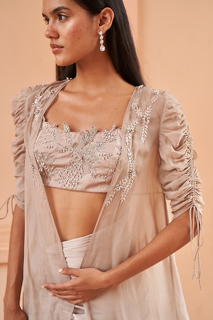 Beige Organza Cape Set by AMRTA By Guneet Kondal at Pernia's Pop Up Shop