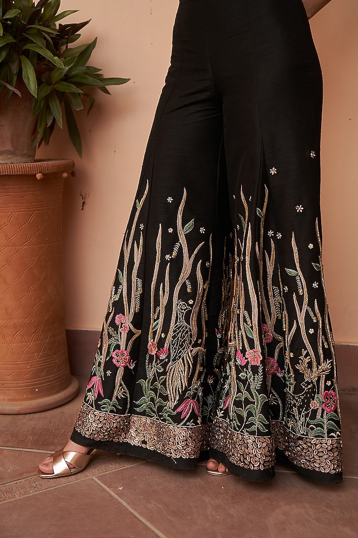 Black Matka Silk Embroidered Jacket Set by AMRTA By Guneet Kondal at Pernia's Pop Up Shop