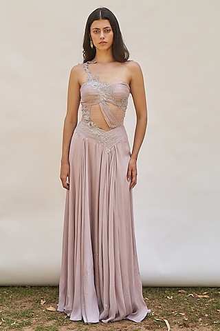 Purple Chinon Embroidered Maxi Dress by AMRTA By Guneet Kondal