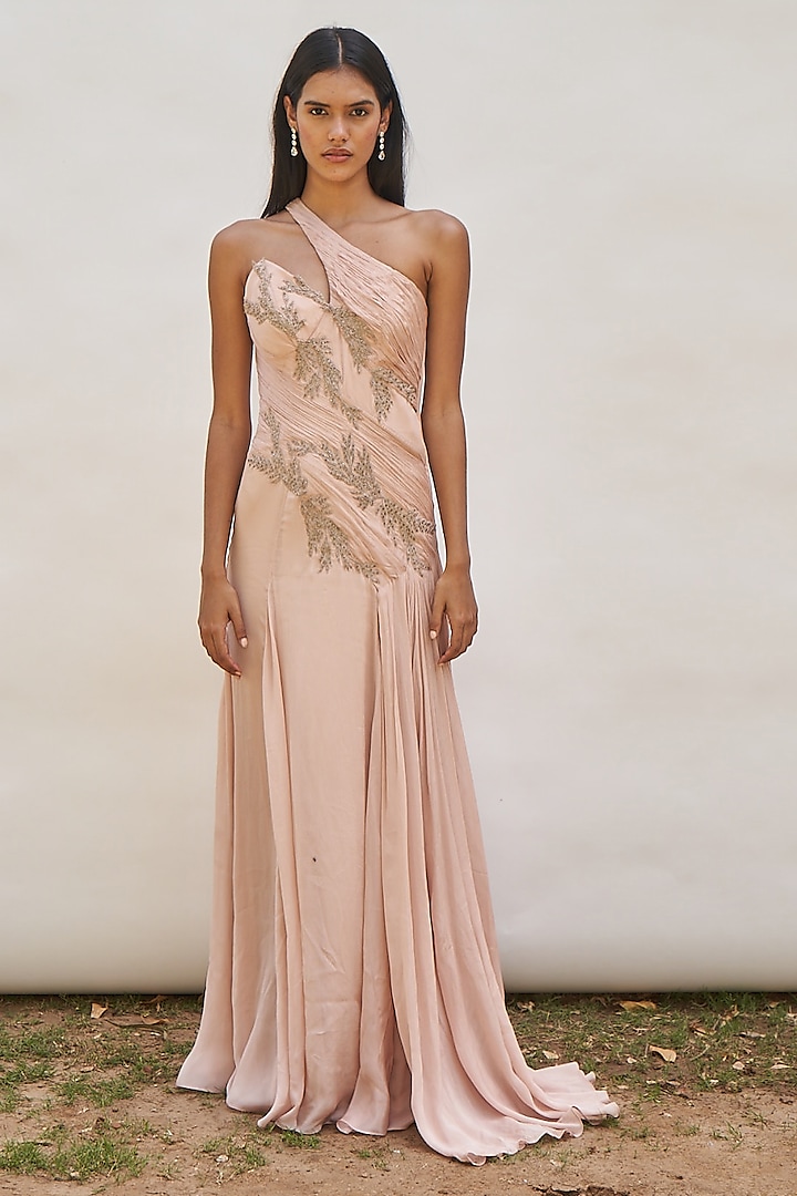 Peach Chinon Embroidered One-Shoulder Maxi Dress by AMRTA By Guneet Kondal at Pernia's Pop Up Shop