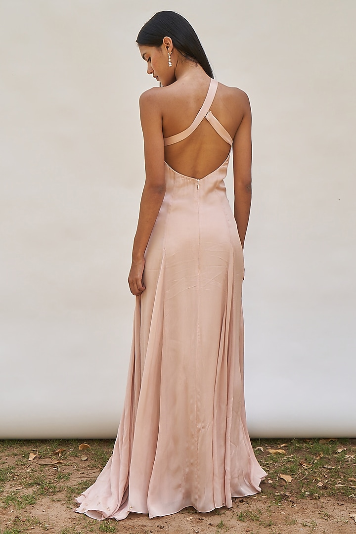 Peach Chinon Embroidered One-Shoulder Maxi Vacation Dress by AMRTA By Guneet Kondal at Pernia's Pop Up Shop