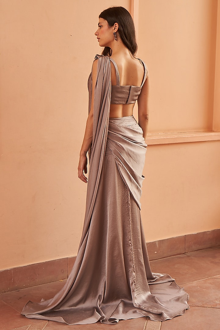 Moon Grey Hammer Satin Concept Party Wear Saree Set by AMRTA By Guneet Kondal at Pernia's Pop Up Shop