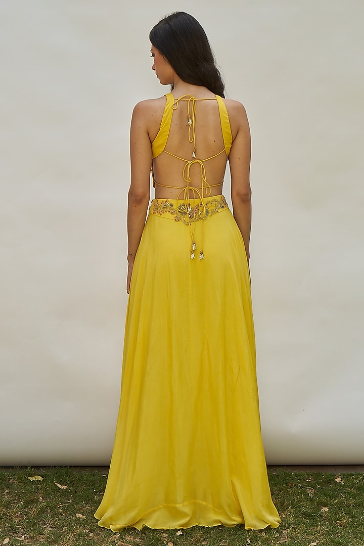 Yellow Viscose Chinon Pleated Skirt Set by AMRTA By Guneet Kondal at Pernia's Pop Up Shop