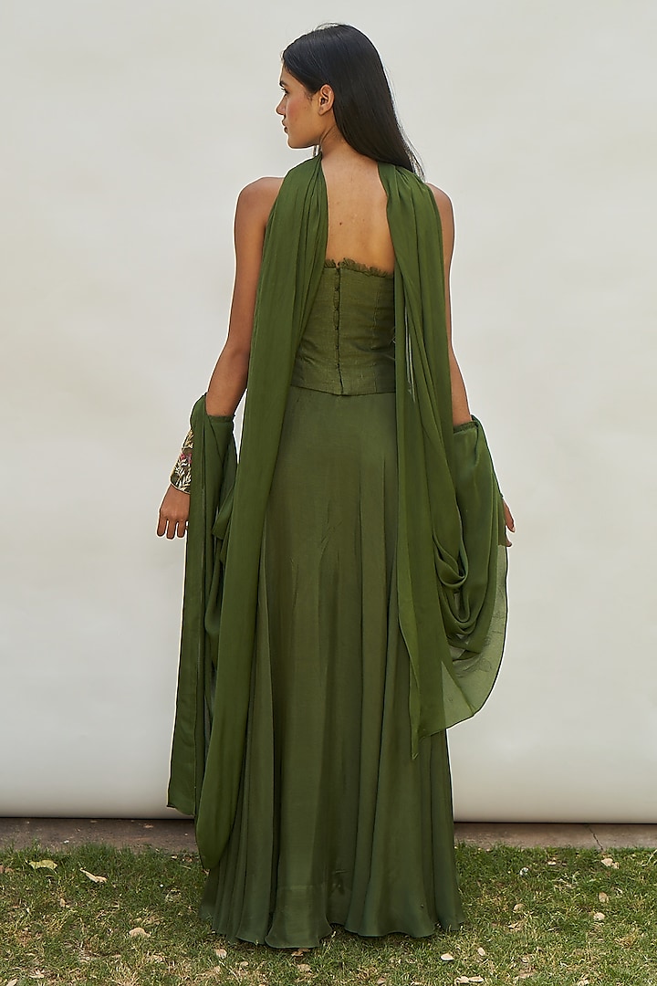 Green Viscose Chinon Pleated Wedding Lehenga Set by AMRTA By Guneet Kondal at Pernia's Pop Up Shop