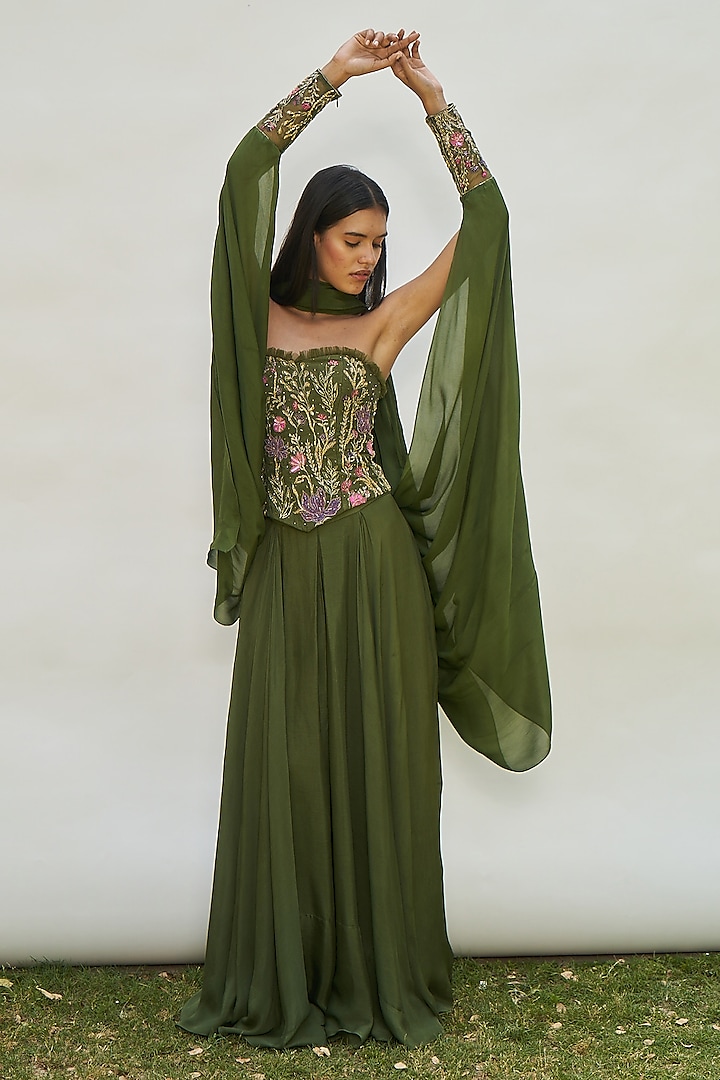 Green Viscose Chinon Pleated Wedding Lehenga Set by AMRTA By Guneet Kondal at Pernia's Pop Up Shop