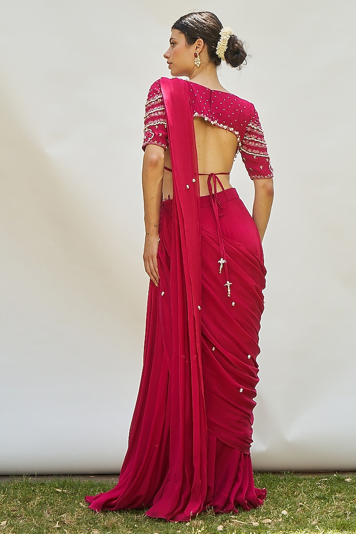 Pink Chinon Pre-Stitched Wedding Saree Set by AMRTA By Guneet Kondal at Pernia's Pop Up Shop