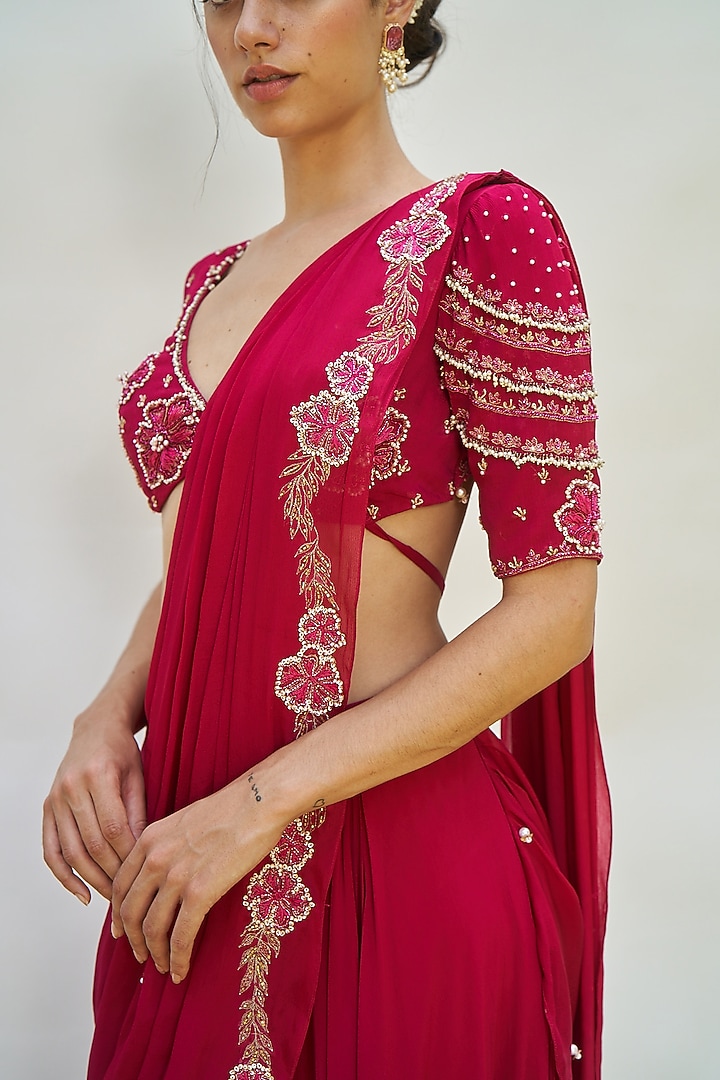 Pink Chinon Pre-Stitched Wedding Saree Set by AMRTA By Guneet Kondal at Pernia's Pop Up Shop