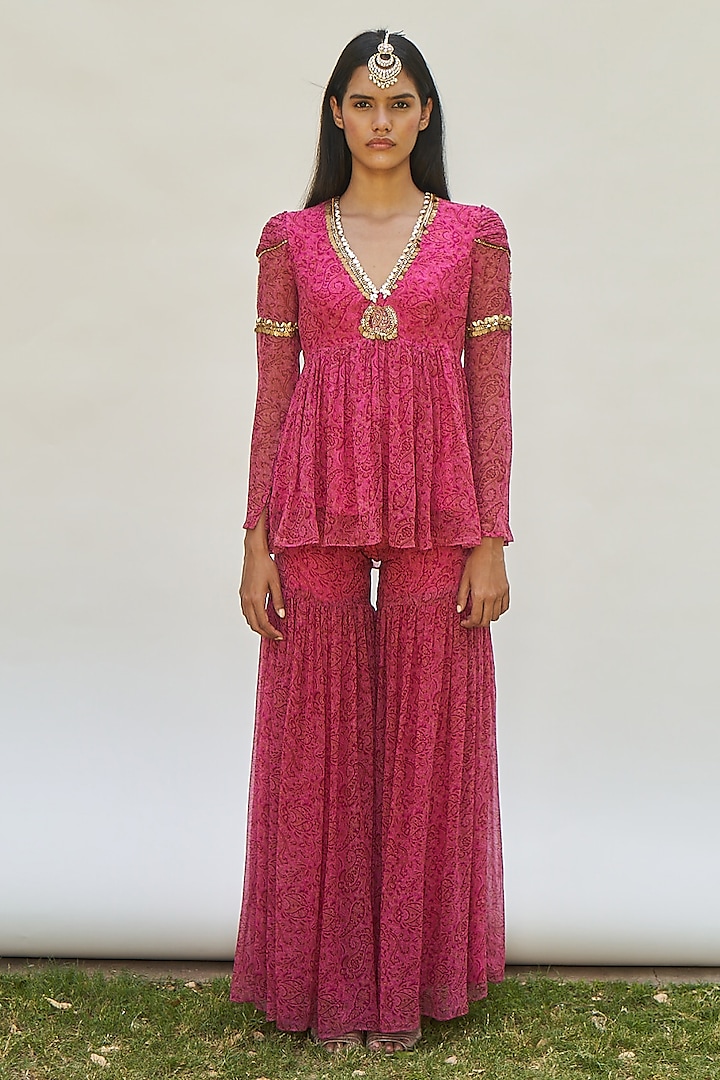 Pink Georgette Sharara Set by AMRTA By Guneet Kondal at Pernia's Pop Up Shop