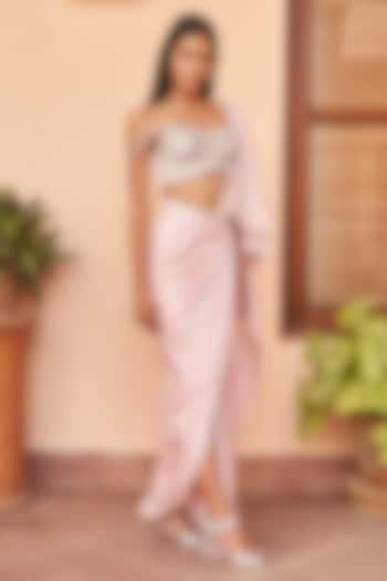 Pink Sterling Satin Pre-Draped Saree Set by AMRTA By Guneet Kondal at Pernia's Pop Up Shop