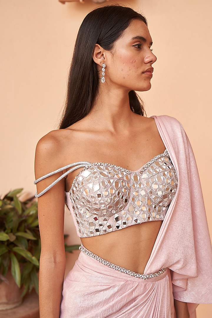 Pink Sterling Satin Pre-Draped Party Wear Saree Set by AMRTA By Guneet Kondal at Pernia's Pop Up Shop