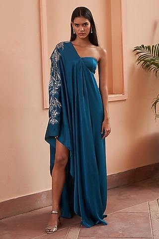 Teal Silk Viscose Blend Satin Hand Embroidered Kaftan by AMRTA By Guneet Kondal