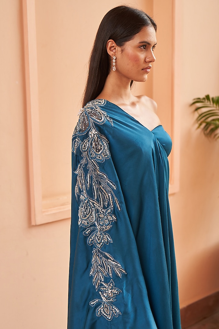 Teal Silk Viscose Blend Satin Hand Embroidered Kaftan by AMRTA By Guneet Kondal at Pernia's Pop Up Shop