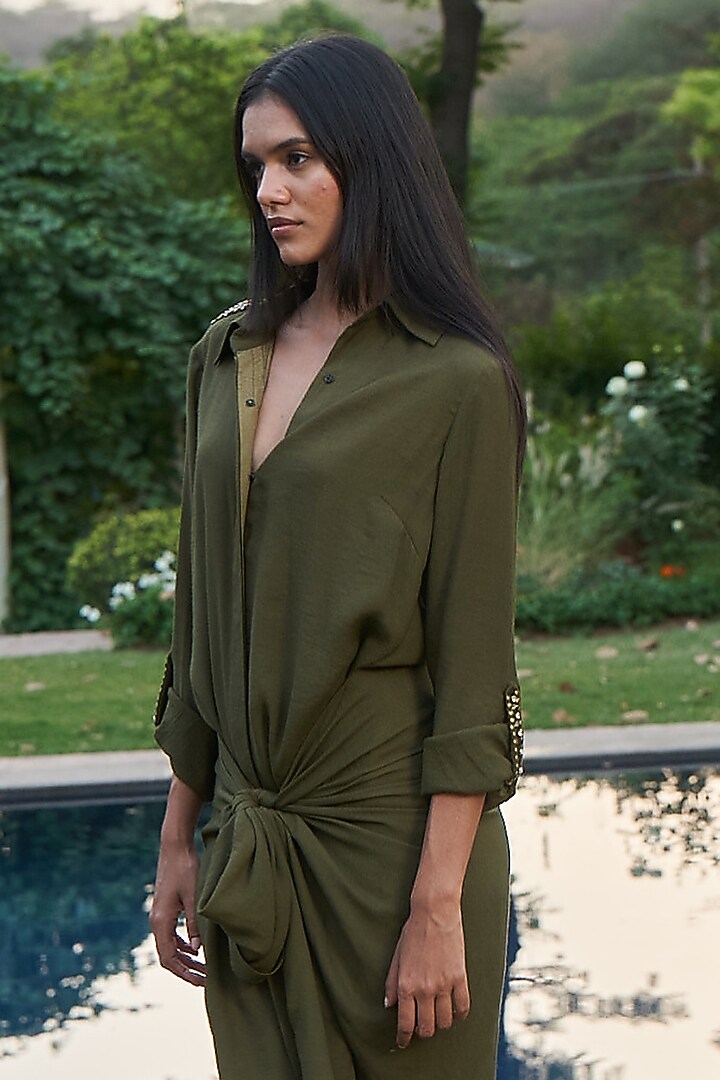 Olive Green Viscose Crepe Embellished Summer Shirt Dress by AMRTA By Guneet Kondal at Pernia's Pop Up Shop
