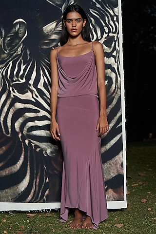 open lace back dress Chic and Holland HC007 - Beaded Cowl Neck Prom Dress 0 / Purple